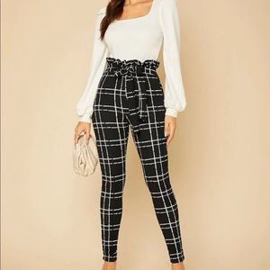 SHEIN Tall Plaid Paper Bag Skinny Pants w/ Bow